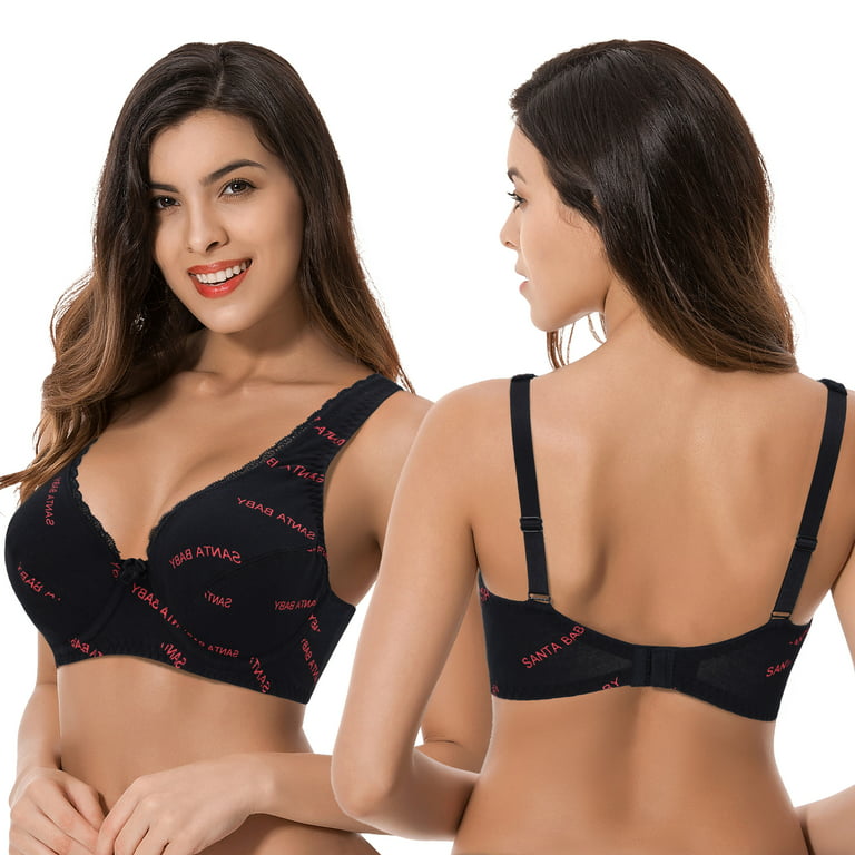 Curve Muse Women's Unlined Plus Size Comfort Cotton Underwire Bra -Black/Red,Red-38D 