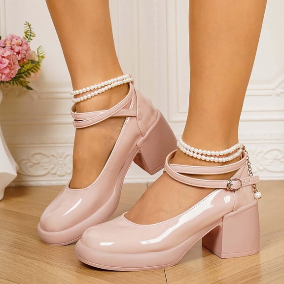 Womens Summer Sandals Dressy Casual Solid Color Pearl Style Waterproof Table Straight Buckle Strap Thick Heel High Heels Beach Sandals Size 5.5