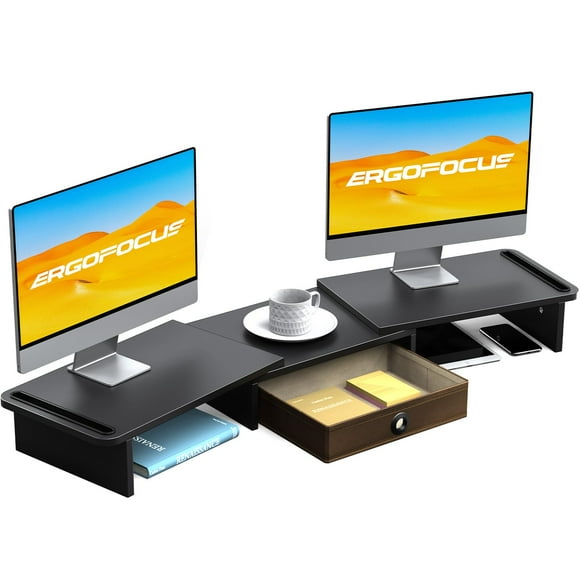 ErgoFocus Dual Monitor Stand Riser with Drawer-Adjustable Length and Angle, Monitor Stand Riser for 2 Monitors, Desktop Organizer Stand for Computer/Laptop/PC/Printer (Black)