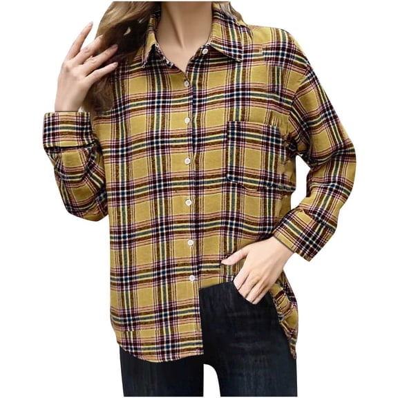 Lenpel Button down Shirts for Women Long Sleeve Curved Hem Plaid Collared Blouses Business Casual Work Tops Loose Shackets(Yellow,X-Large)