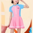 thumbnail image 3 of Girls Rash Guard Swim Dresses Short Sleeve Swimsuits Quick Dry Zipper Swimdress One Piece Bathing Suits Pink, 9 Years, 3 of 4