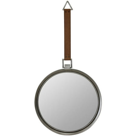Round Metal Mirror With Hanging Leather Strap Round Metal Mirror With Hanging Leather Strap