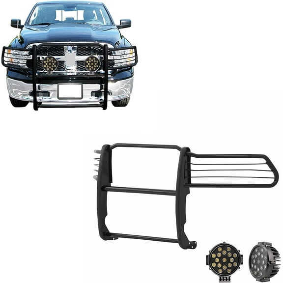 Black Horse Grille brush Bumper Guard Modular Black Come With pair of 7.0"Dia.LED Lights with Black Trim Rings Compatible with 2009-2018 Dodge Ram 1500|2019-2024 Ram 1500 Classic-17DG109MA-PLB