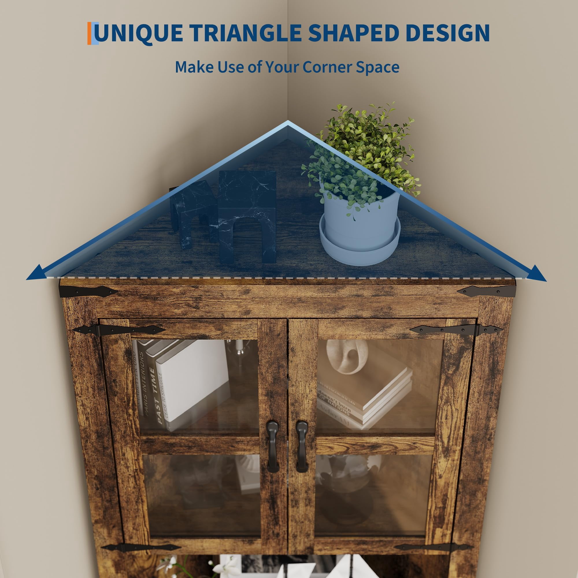 Corner Storage Cabinet with Glass Doors, Double-Door Corner Cabinet, Corner Cabinet with Shelves, Corner Cabinet with Light Strips-Retro color