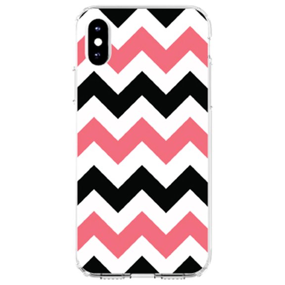DistinctInk Clear Shockproof Hybrid Case for iPhone X / XS (5.8" Screen) - TPU Bumper, Acrylic Back, Tempered Glass Screen Protector - Black Pink Chevron Stripes - Chevron Stripes Pattern