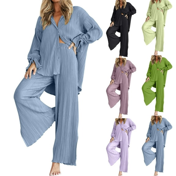 Miluxas Casual 2 Piece Outfit for Women Pleated Long Sleeve Button Down Shirt and Wide Leg Pants Sets Purple 10(XL)