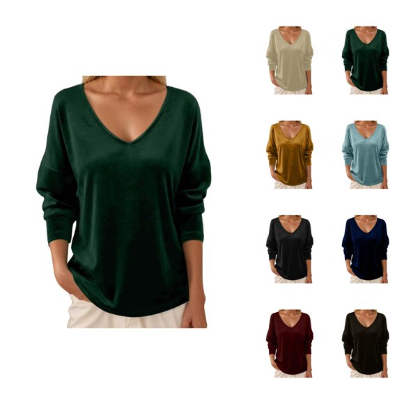 Hauts en Velours pour Femmes 2026 Mode Automne Hiver Manches Longues Col en V Rétro Décontracté T-Shirts pour Sortir