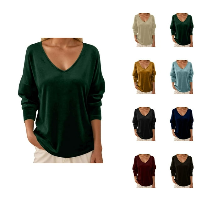 Hauts en Velours pour Femmes 2026 Mode Automne Hiver Manches Longues Col en V Rétro Décontracté T-Shirts pour Sortir