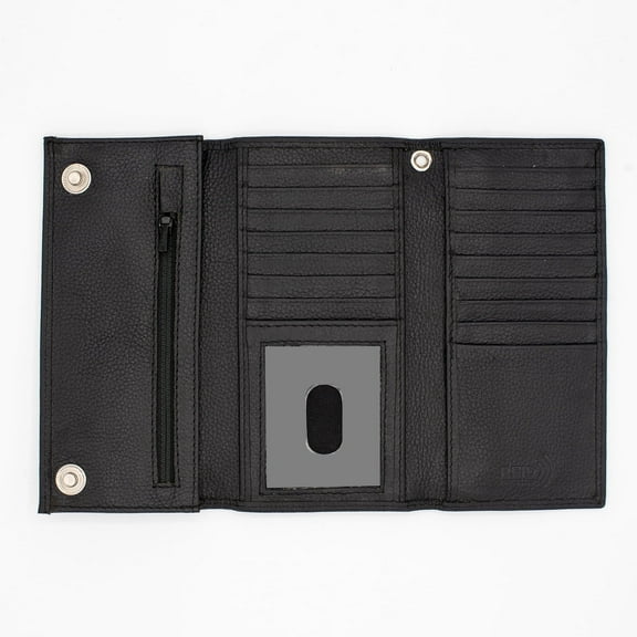 RFID Safe Leather Long Checkbook Trifold Chain Wallet for Men Snap Closure
