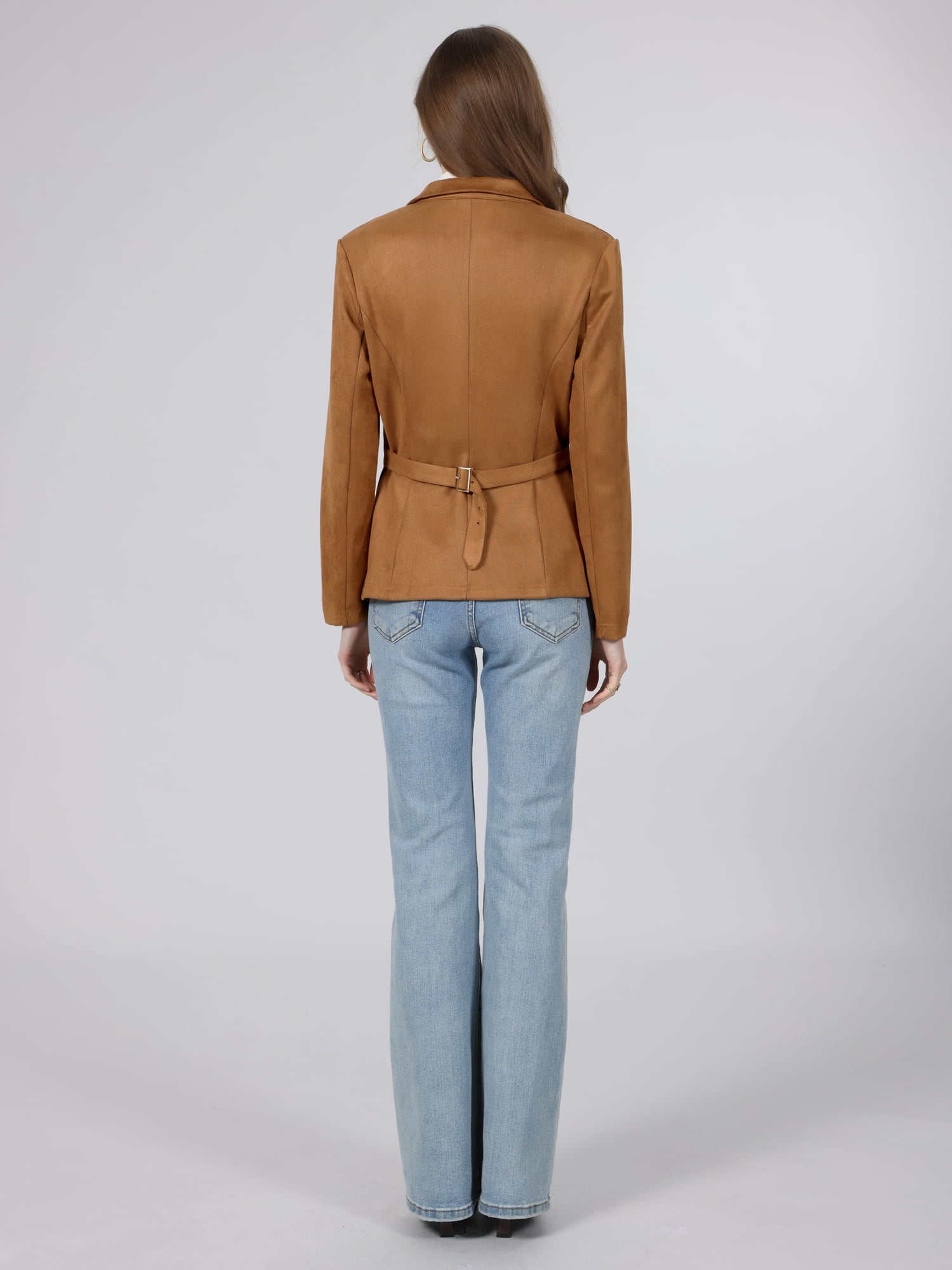 DARING DIVA Women's Faux Suede Blazer Lapel Collar Long Sleeve Jacket S Brown