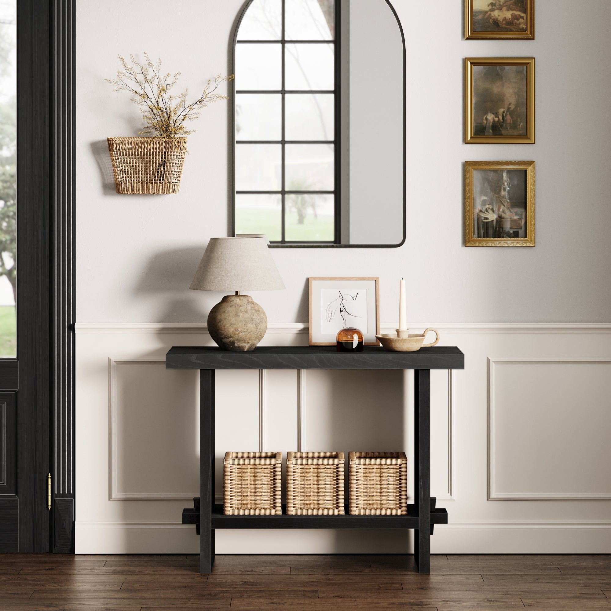 Nathan James Virgo Farmhouse Console Table, Open Storage 2-Tier Behind the Sofa Table, Entryway Accent Table, Reclaimed Black Oak