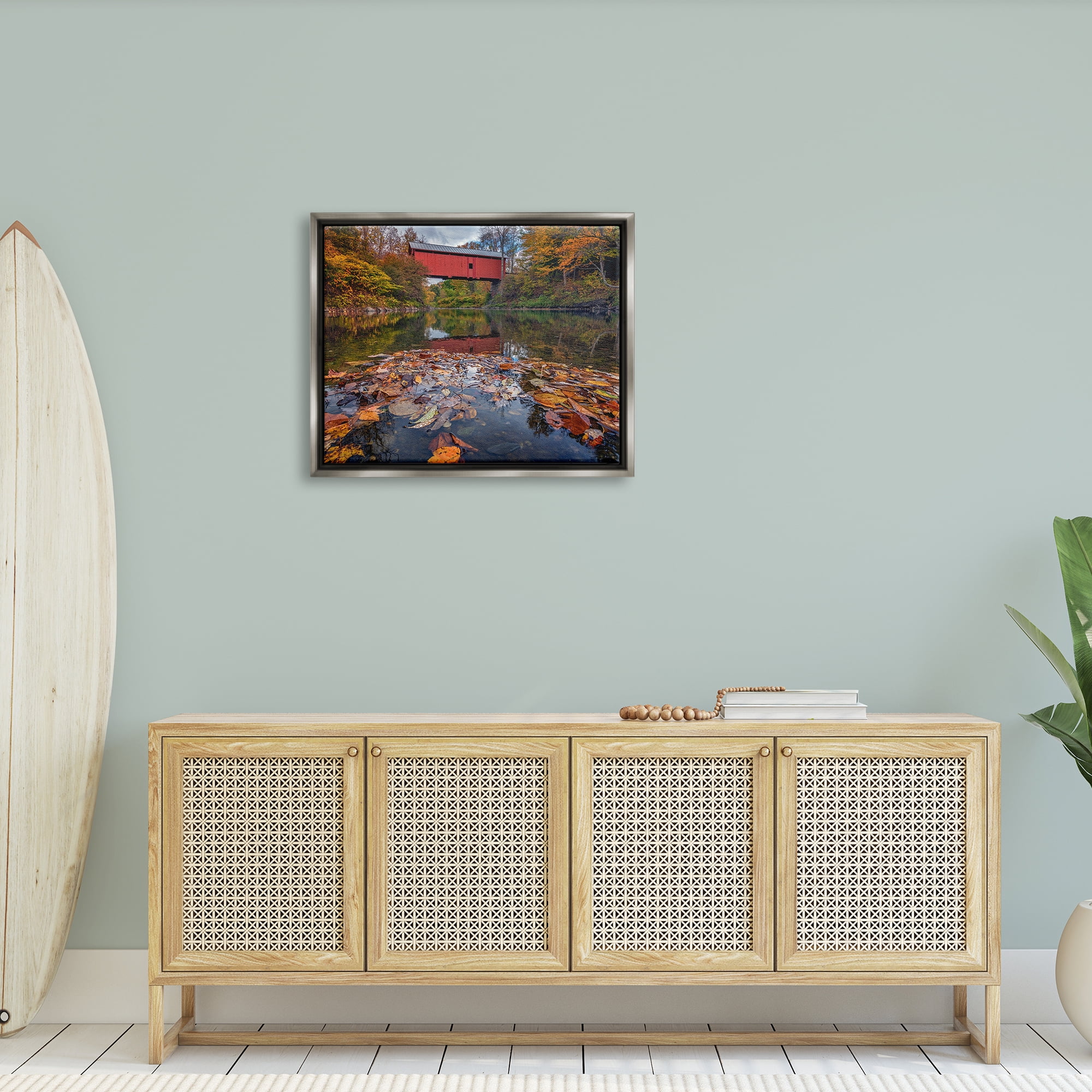 Stupell Autumnal Foliage River Bridge Landscape Photography Gray Floater Framed Art Print Wall Art