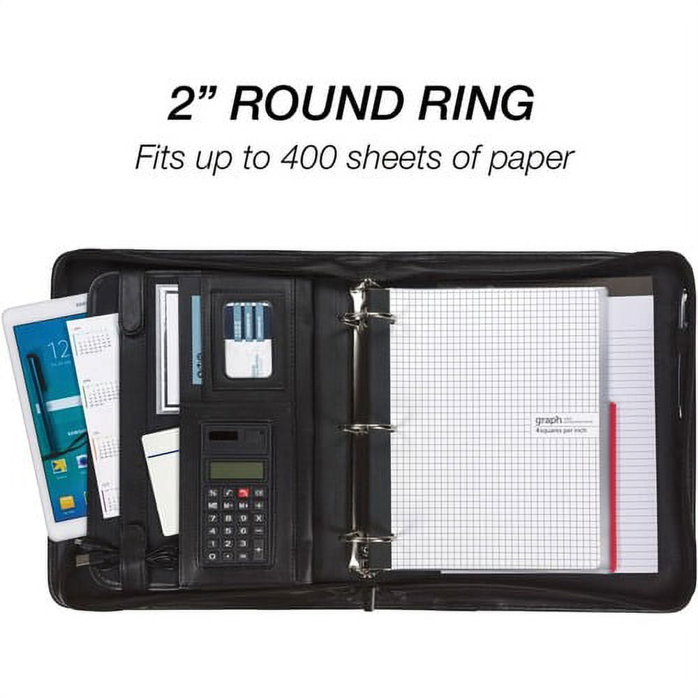 Samsill Sterling Zipper Binder Portfolio Letter - 8 1/2" x 11" Sheet Size - 3 x Round Ring Fastener(s) - 2" Fastener Capacity for Folder - 2 Exterior, Internal Pocket(s) - Vinyl, Leather - Black - 5.2