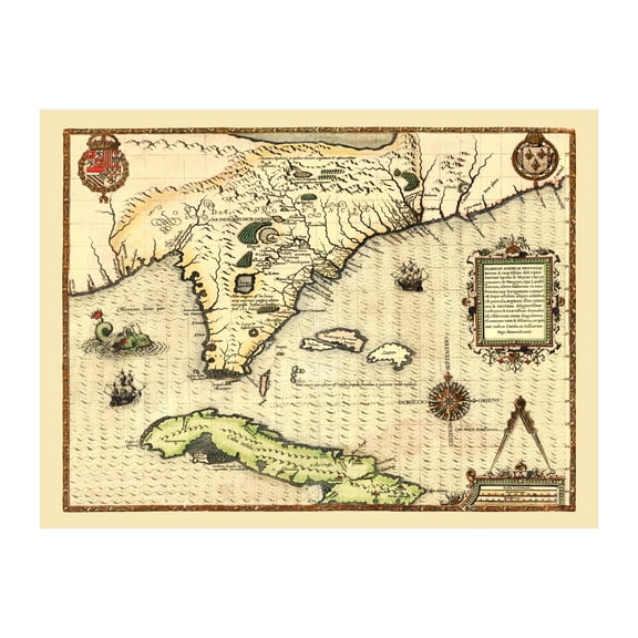 Florida Art, 1591 Vintage Map of Florida History Wall Decor Gift, Old Florida Map - 24" x 18" Unframed Print