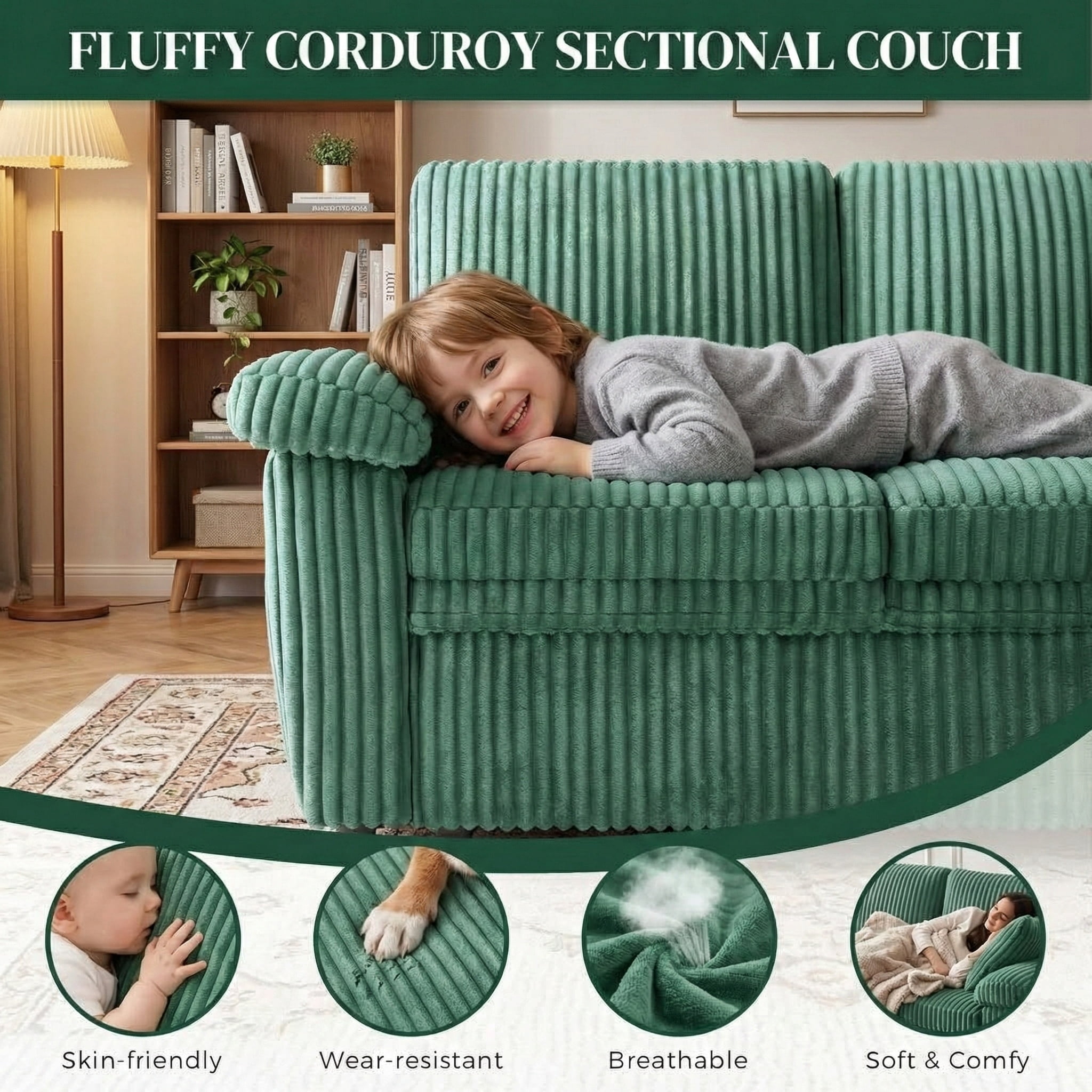 Howcool U-Shaped Sectional Sleeper Sofa with Pull-Out Bed, 7-Seat Convertible Couch, Modular Sofa with Storage Chaise and USB Ports, Plush Corduroy Living Room Furniture,Green(Thick Sponge)