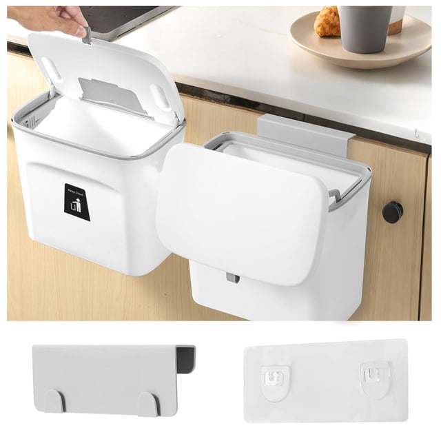 Bote de Basura Colgante 2Pizeas Con Tapa, 7Litros Cubo de Basura de Pared para Cocina, Cesto Basura pare Baño, Dormitorio, Oficina (Blanco)