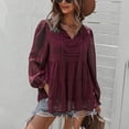 thumbnail image 3 of Blusa de mujer con cuello en V, manga farol, dobladillo con volantes sueltos, blusa tipo túnica informal para otoño, primavera, rojo vino XL, 3 of 8
