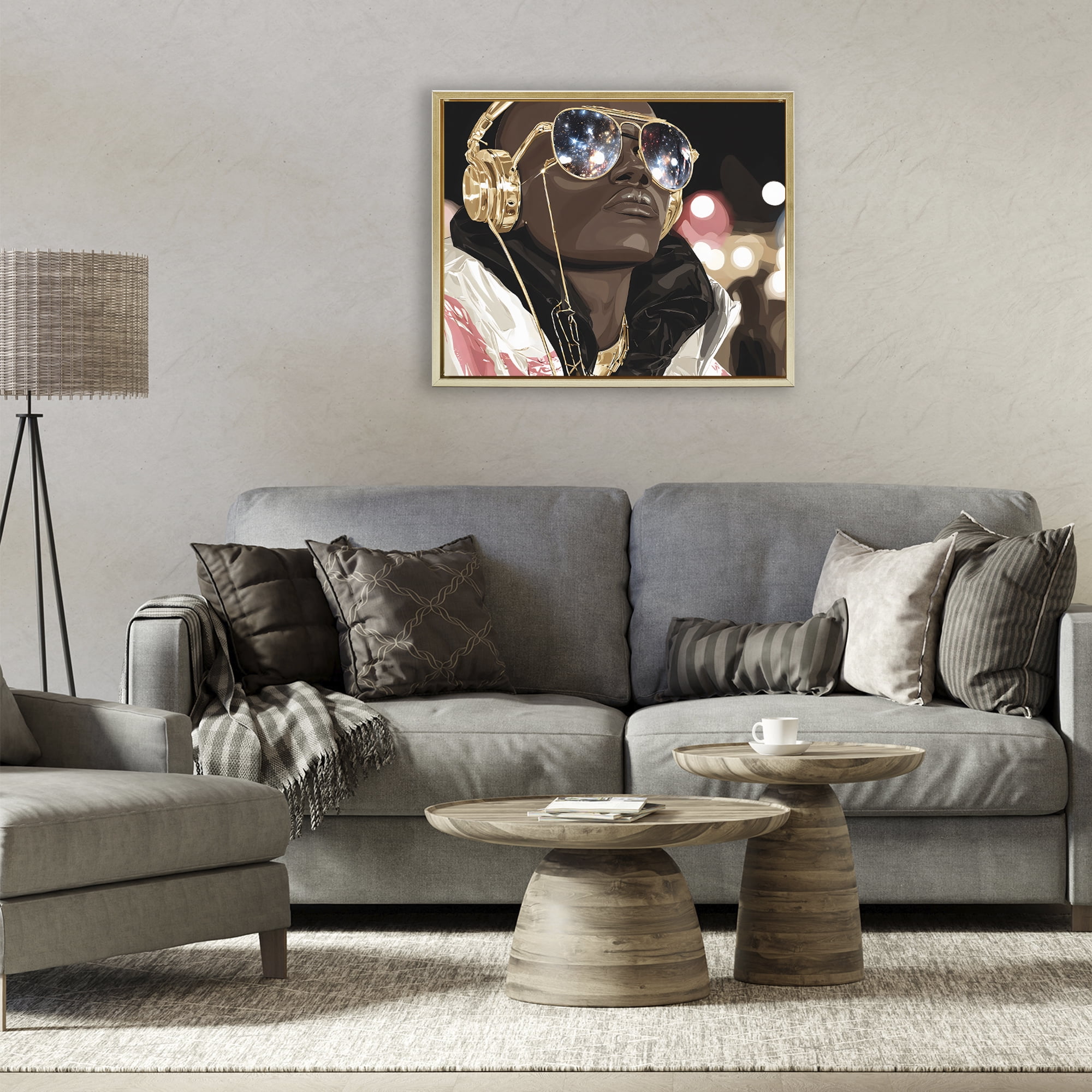 Stupell Industries Starry Eyed Shades with Headphones Gold Framed Floater Canvas Wall Art, design by Franklyn Gregory