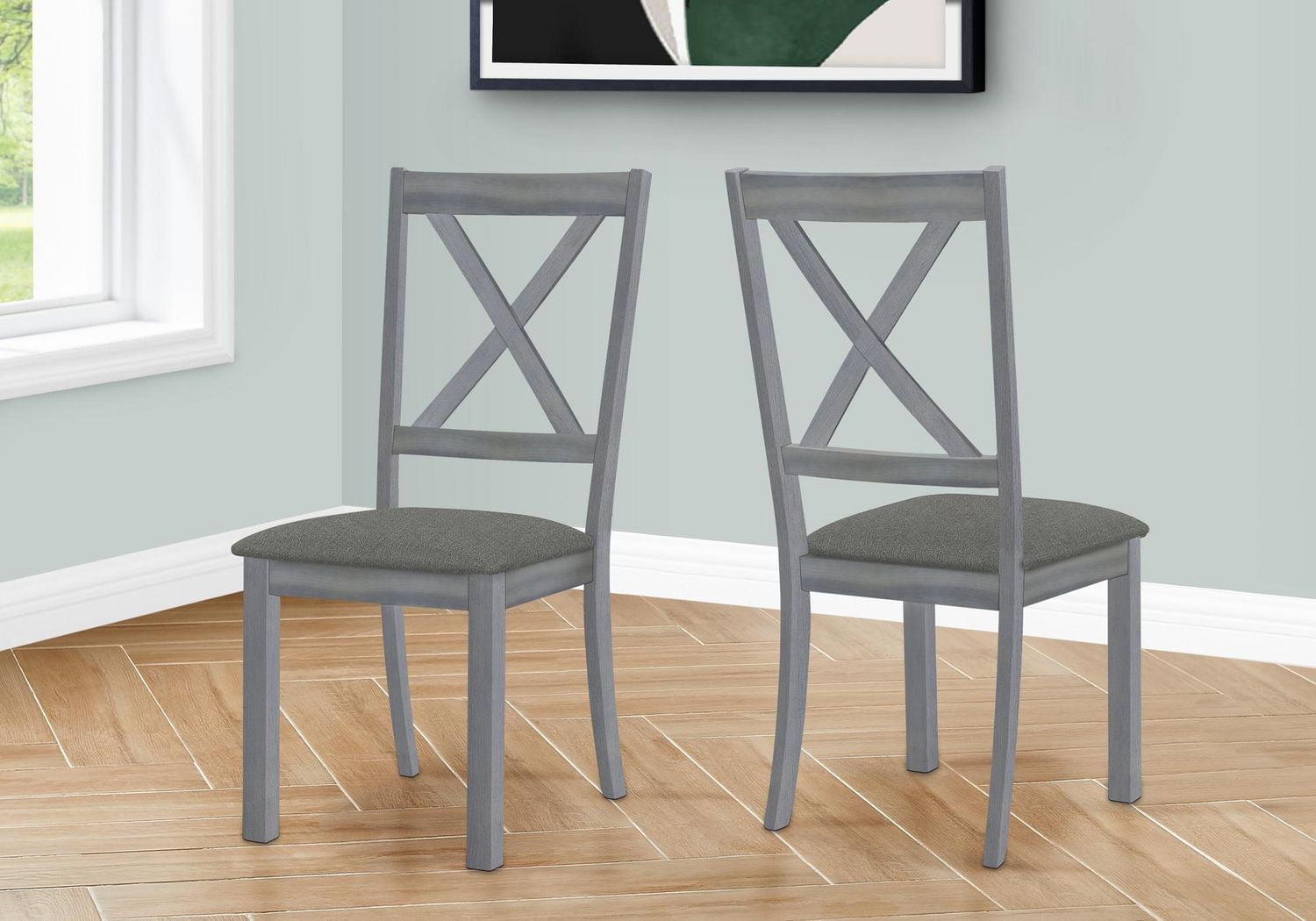 Monarch Specialties Dining Chair, Set Of 2, Side, Upholstered, Kitchen, Dining Room, Grey Fabric, Grey Wood Frame, Transitional