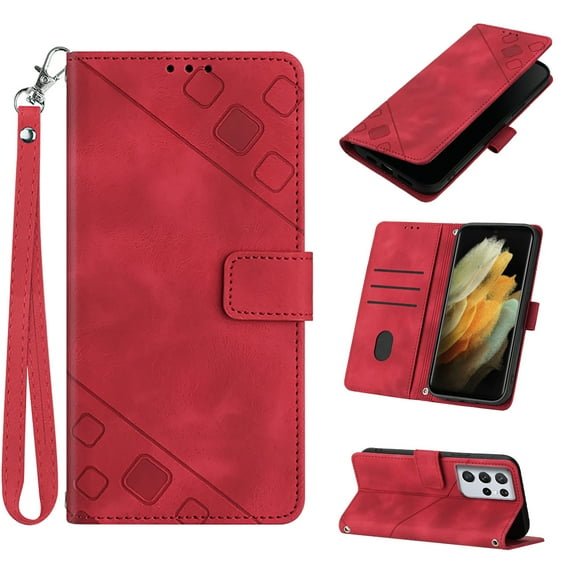 Phone Case for Samsung Galaxy S21 Ultra, Premium PU Leather Card Holder Wrist Strap Magnetic Closure Flip Stand Function TPU Interior Book Cover for Samsung S21 Ultra 5G Wallet Case, Red