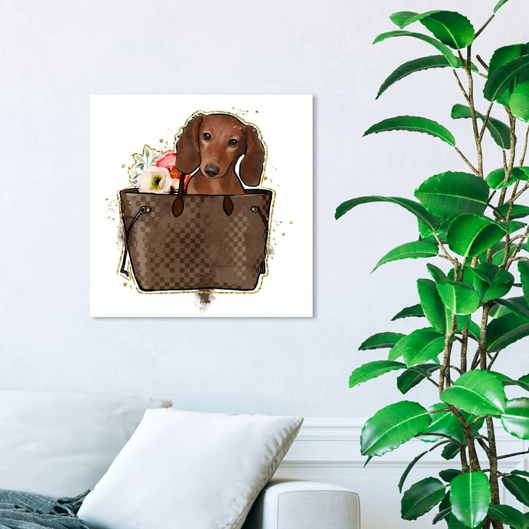 Wynwood Studio Fashion and Glam Wall Art Print 'Puppy Luxury Bag' Handbags  - Brown, White 
