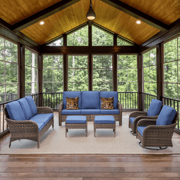 Buenhomino 6 Piece Outdoor Patio Furniture Rattan Wicker Patio Conversation Set with 3 Seater All-Weather Outdoor Sectional Sofa with Blue Cushion for Backyard