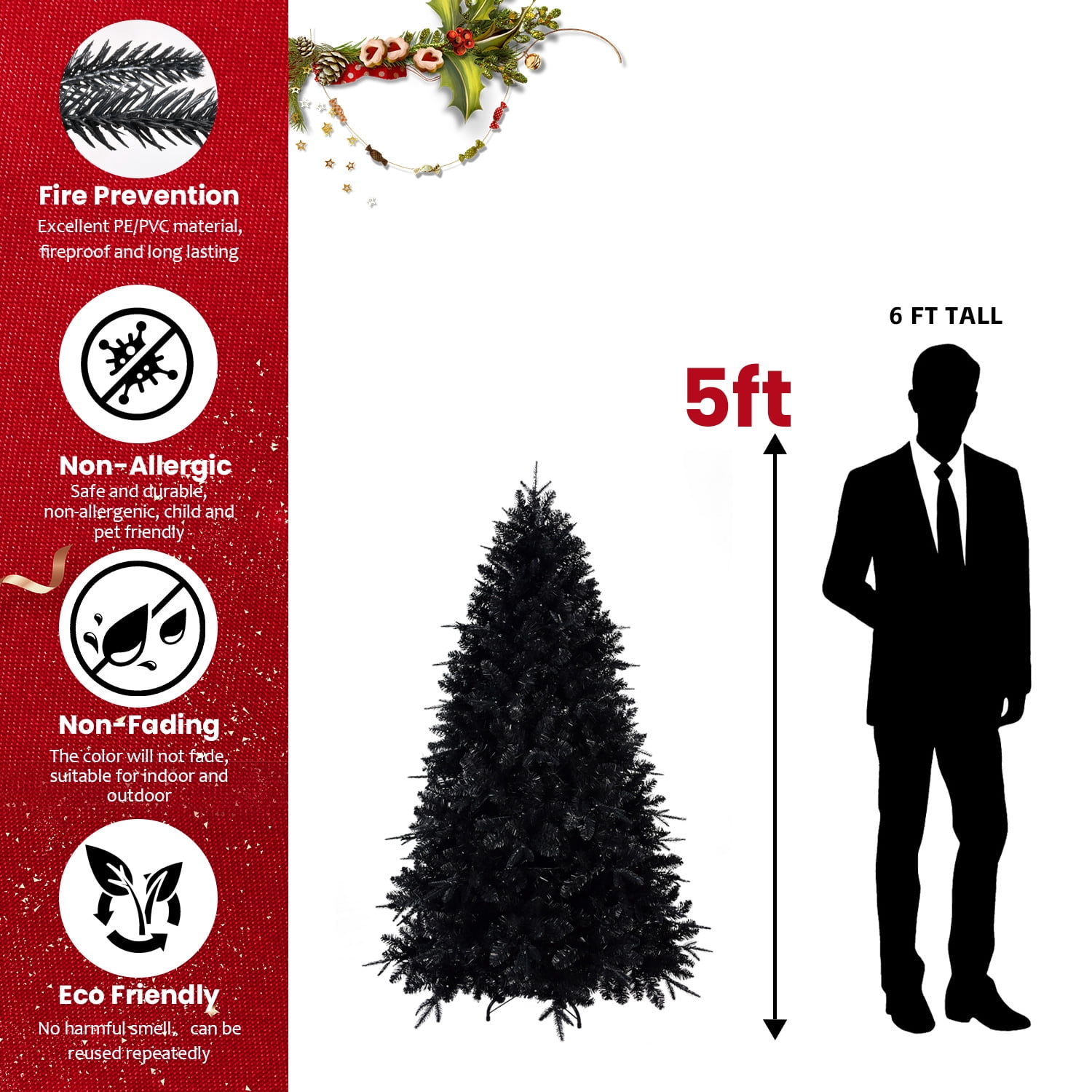 Alvantor 5ft Christmas Tree Halloween Decor PVC Artificial Tree with 250 White LED Lights & 1076 Tips for Indoor Holiday Decoration Black