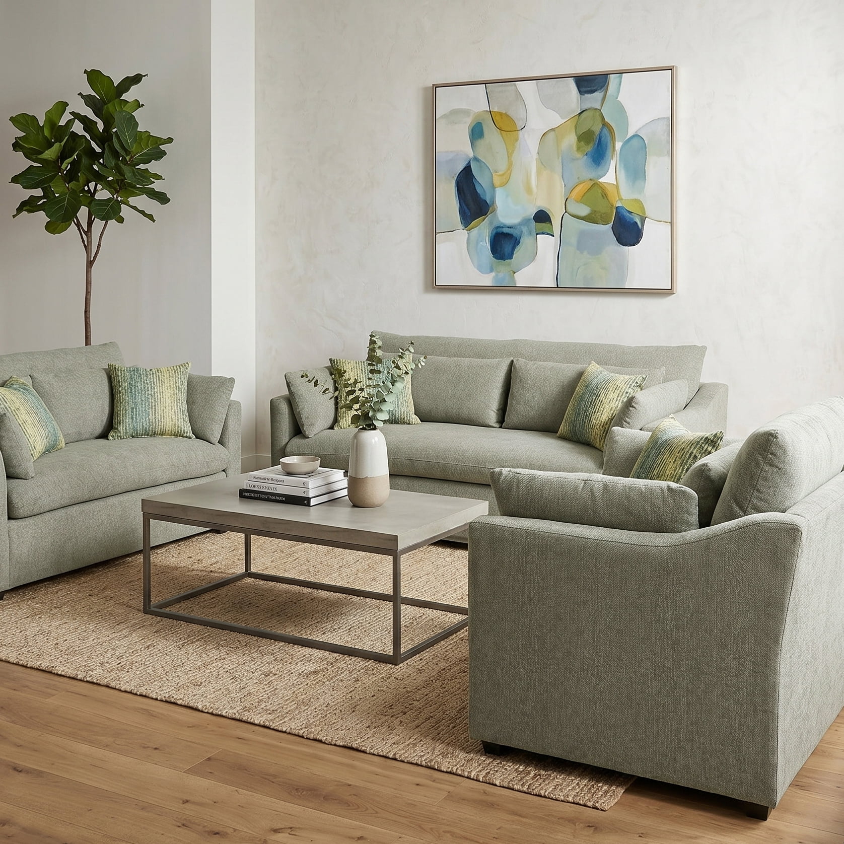 Roundhill Furniture Wilson 3-Piece Living Room Set, Sofa Loveseat and Cuddle Chair, Olive Green