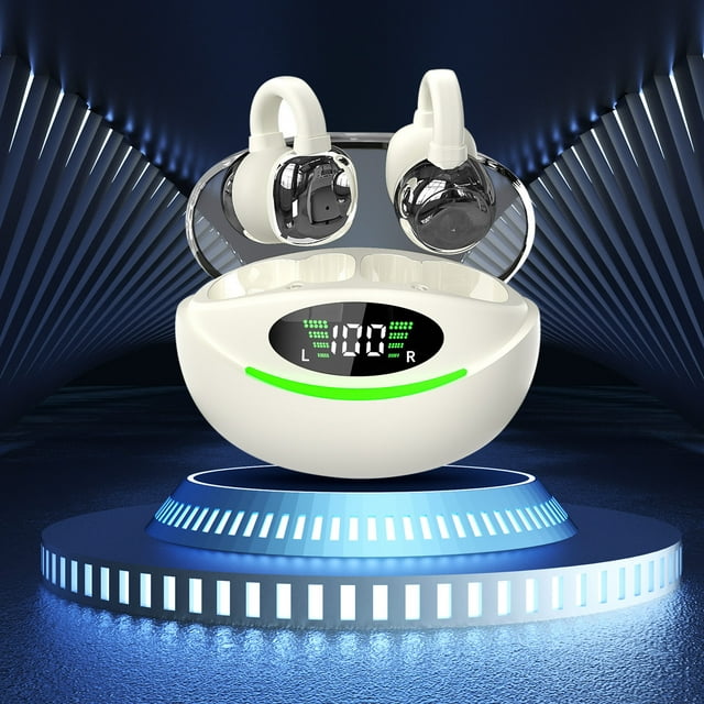 Auriculares Bluetooth, auriculares inalámbricos Bluetooth 5.3 con clip para la oreja, ligeros, micrófono integrado, sonido envolvente IPX4, con estuche de carga.