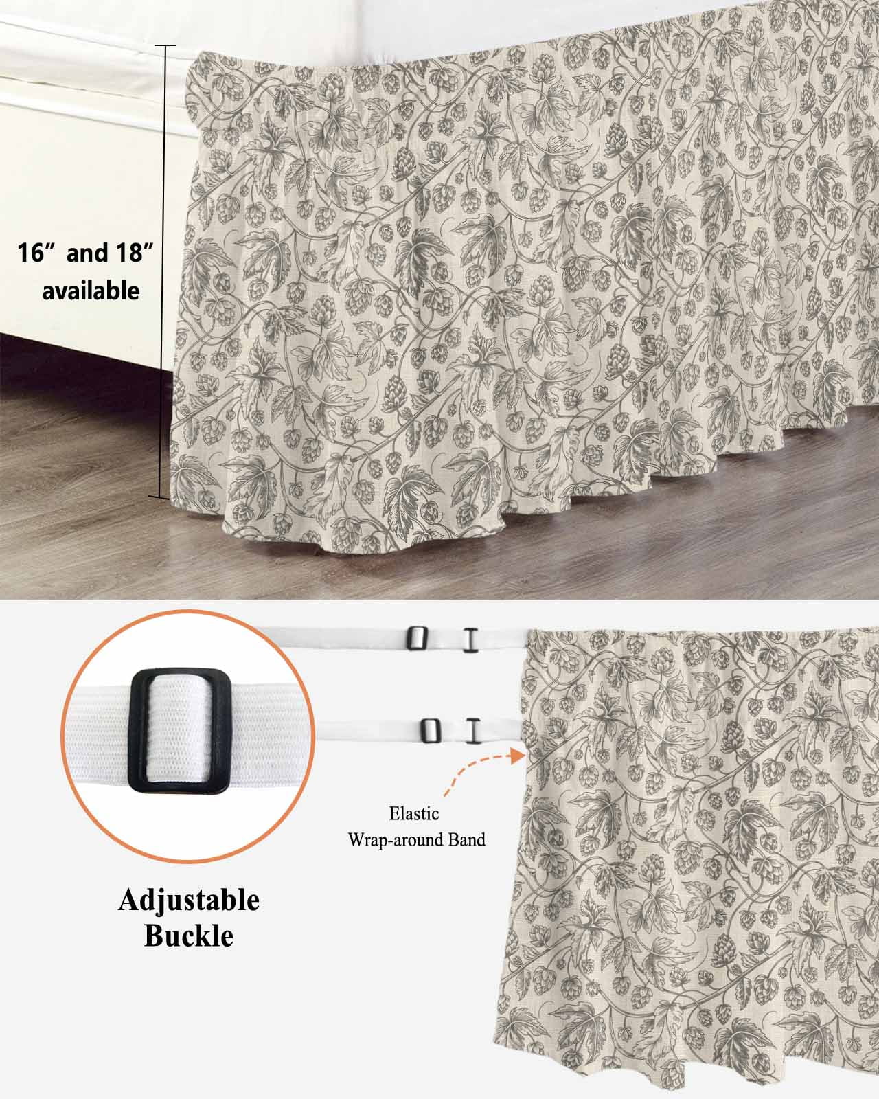 Vintage Plants Flowers Bed Skirt Queen Size 18 Inch Drop, Floral Thread Texture Adjustable Elastic Dust Ruffles Bedskirt for Queen Bed Wrap Around Pleated Mattress Frame Cover