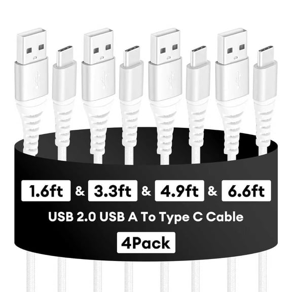 Dutevolns USB C Cable, 4 Pack(1.6/3.3/4.9/6.6ft) Type C Charger Cords, Nylon Braided 3A USB A to C Fast Charging Cable Compatible with iPhone 16/15, Samsung Galaxy, White