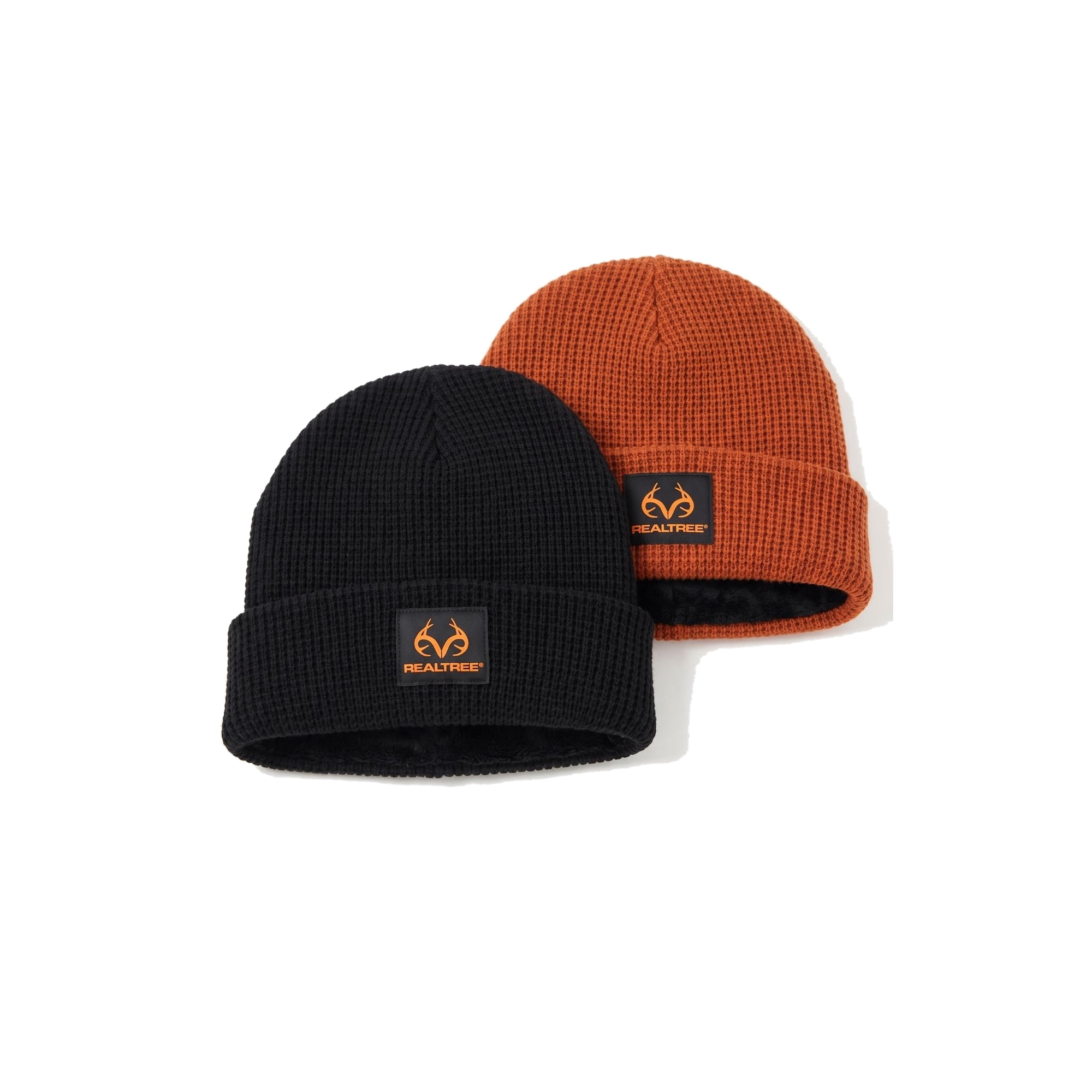 Realtree Boys Plush-Lined Waffle Knit Beanies 2-Pack Black/Blaze Orange