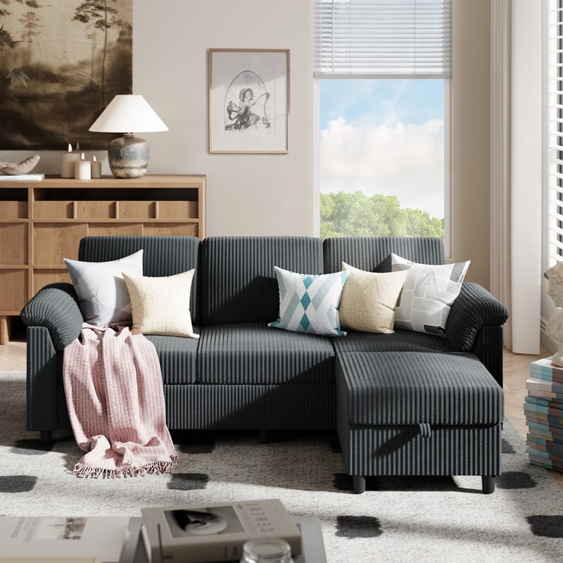 Walsunny 79" Convertible Sectional Sofa, L Shaped Sofa Couch with Reversible Chaise for Living Room Modern Linen Fabric for Living Room, Dark Gray