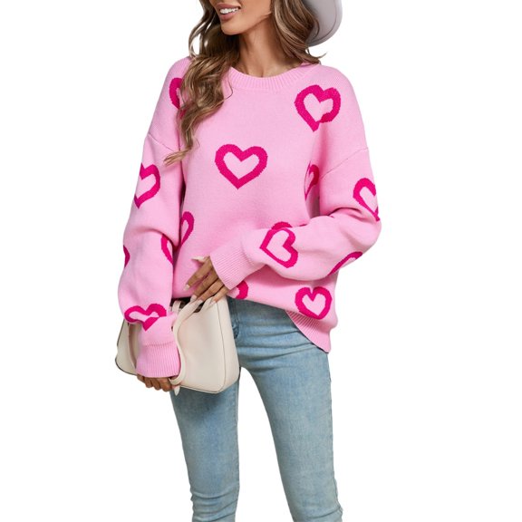 Women's Oversized Pink Heart Sweater Cozy Knit Pullover for Casual Wear, Valentine's Day Gift for Her