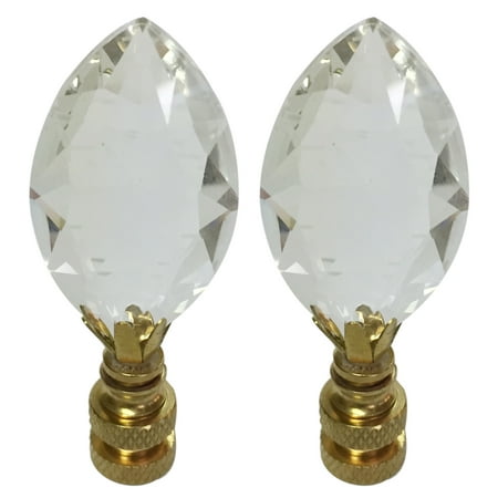 Brass Leaf Finial Royal Designs Pear Shaped Clear K9 Crystal Lamp Finial For Lamp Shade with Polished Brass Base Set of 2 ()
