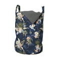 thumbnail image 1 of Navy Blue Laundry Bag, Tropical Composition of Monstera Leaf Summer Fruits Lily Hibiscus Flowers, Basket with Handles Drawstring Closure for Laundromats, 13" x 19", Indigo Multicolor, by Ambesonne, 1 of 4