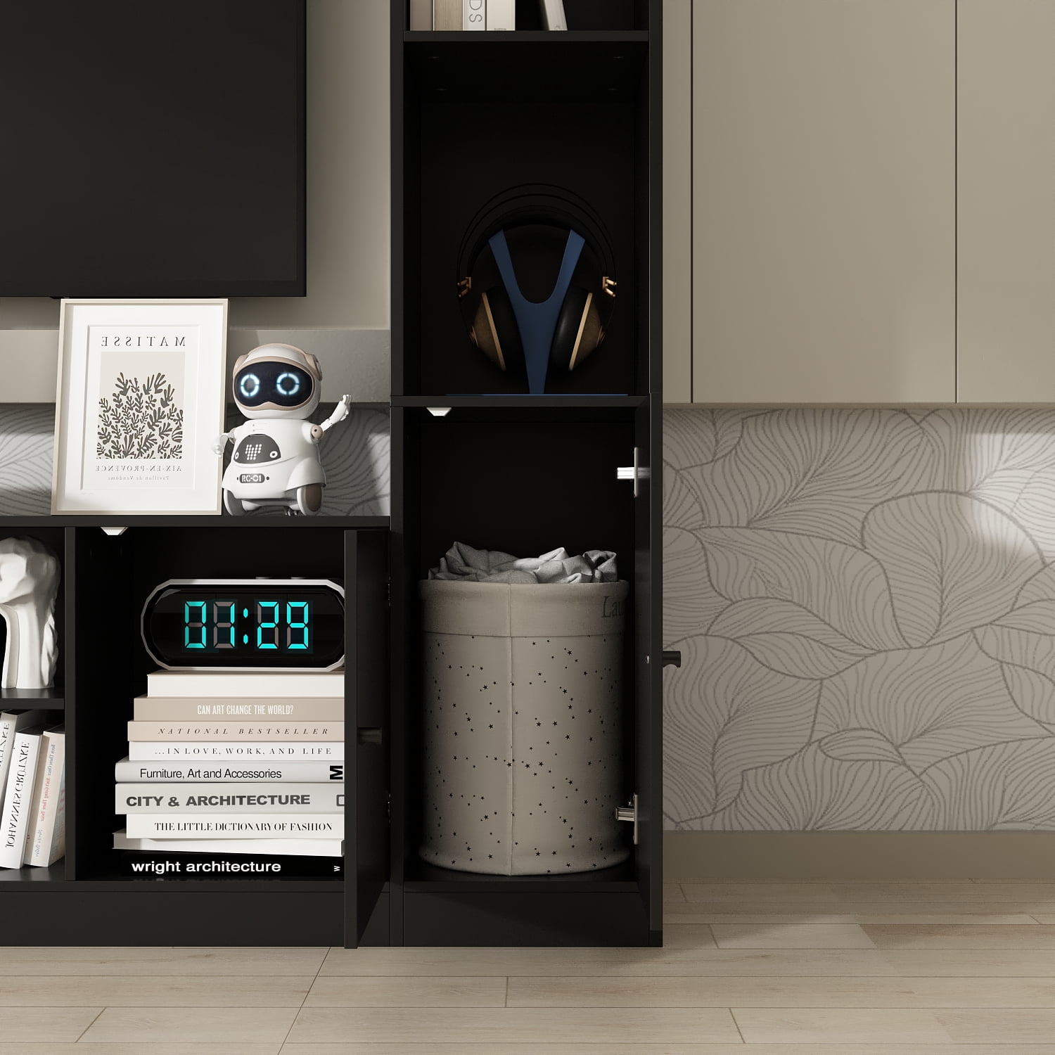 KULAGAGA Entertainment Center with Bookshelves Modern Media Center with Open Shelves & Bridge TV Wall Unit with Doors, for Living Room Black