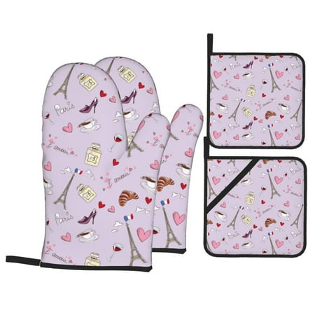 

Oven Mitts and Pot Holders 4 pcs Set Eiffel Tower Romantic Heat Resistant Pot Holders Oven Mitts for kitchen Non-Slip Hanging Loop Oven Glove Potholders for Baking Cooking