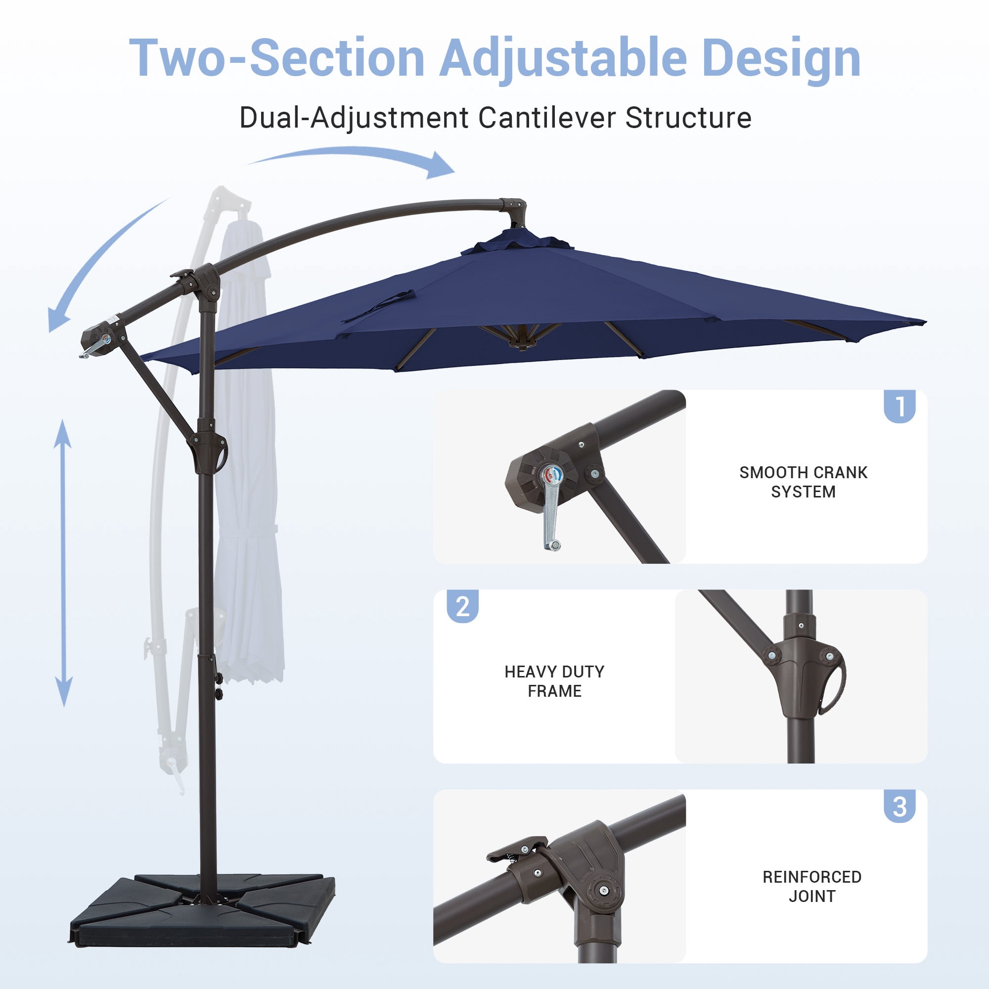 NAPWANT 10ft Cantilever Patio Umbrella with 4-Piece Weighted Base Included, Offset Hanging Umbrella with Crank & Tilt, Navy-Blue