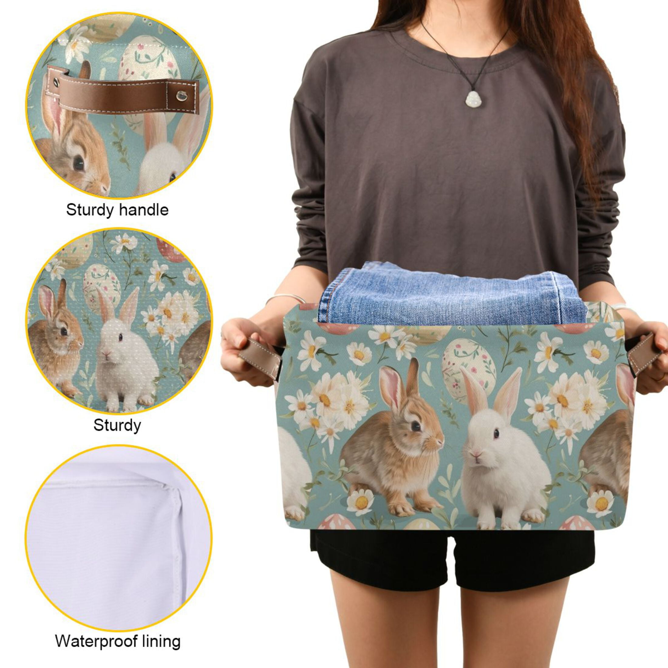 Easter Rabbit Eggs Flower Storage Bins with Handle Fabric Organizer Basket Foldable Box 2 Pack 14.2x10.2x8.3