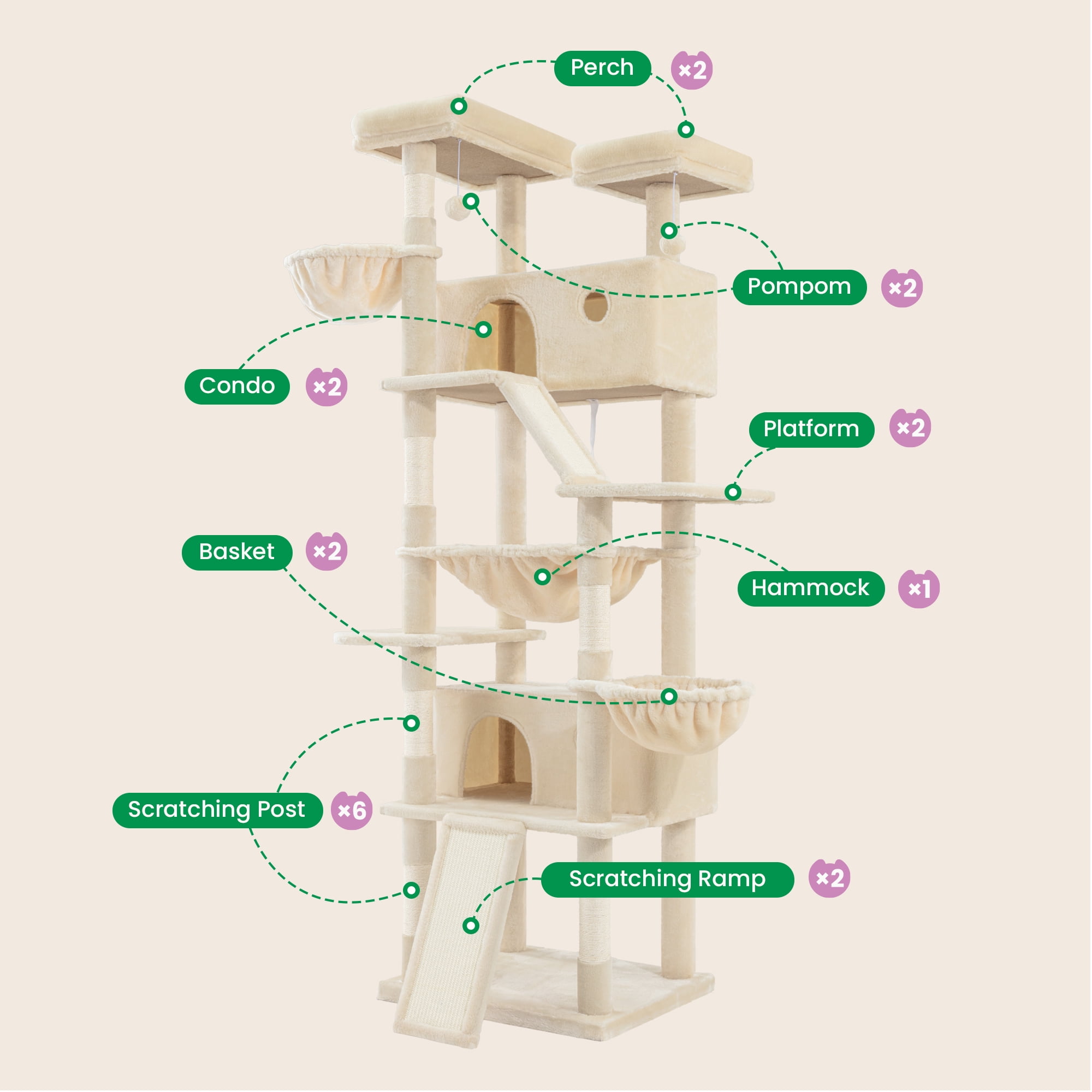 Merrland 81" Multi-Level Large Cat Tree Tower for Indoor Kittens, Cat Condo with Hammock & Sisal Scratching Posts, Beige