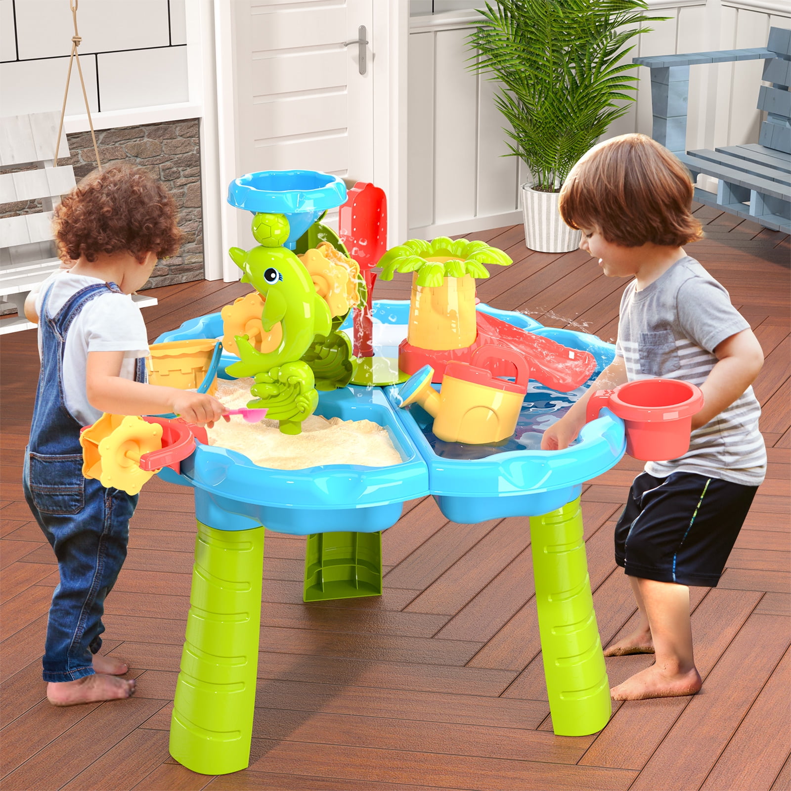 3-in-1 Sand Water Table, 28PCS Kids Beach Summer Toys Sensory Play Table with Dolphin Water Wheel, Molds, Bucket, Shovel for Toddlers Boys Girls