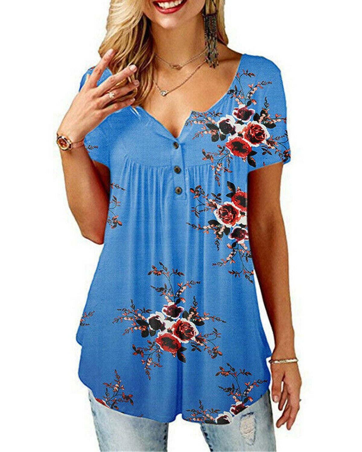 wsevypo - Womens V Neck Floral Tee T-shirts Short Sleeve Blouse Loose ...