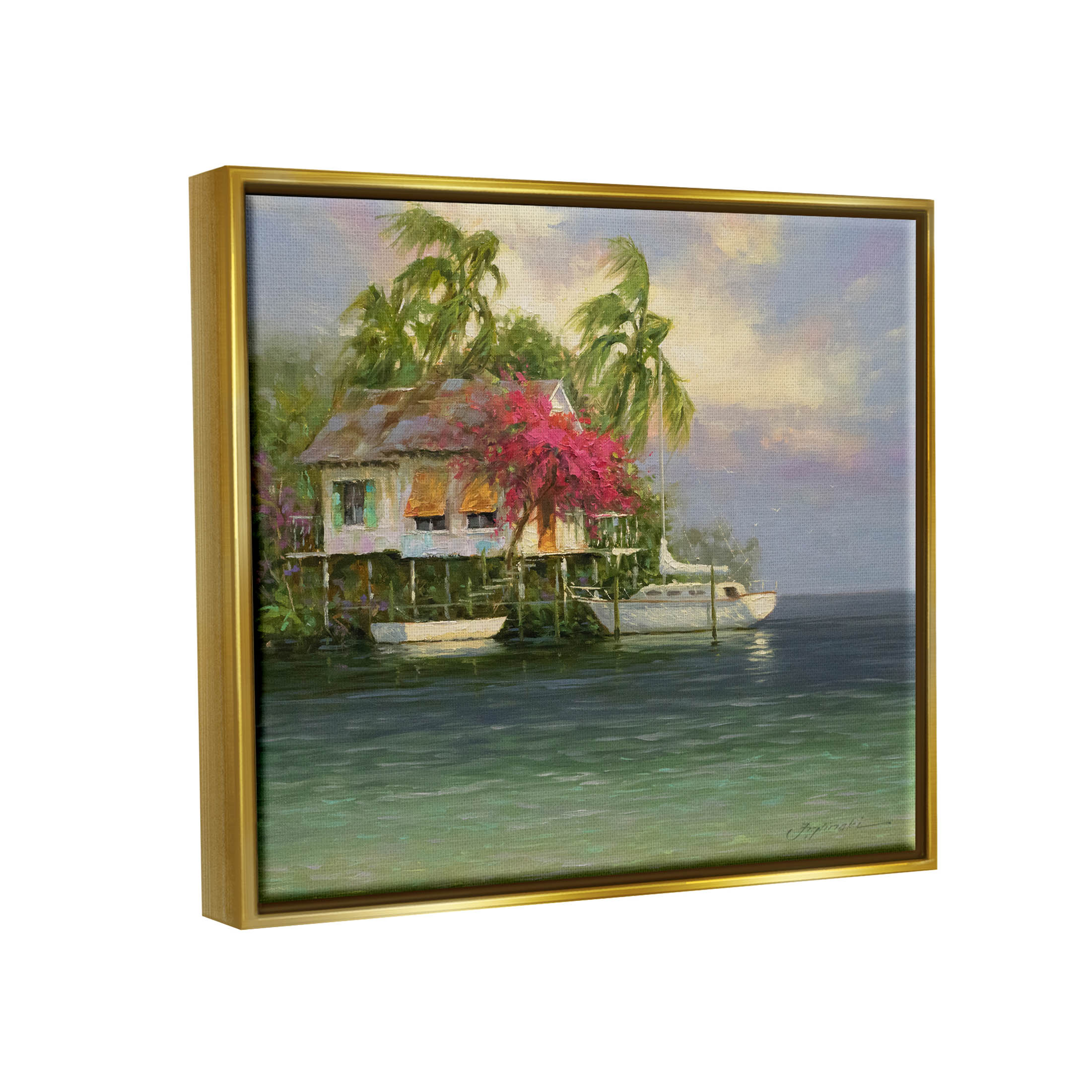 Summer Coastal Vacation Cottage Landscape Painting Metallic Gold Framed Art Print Wall Art