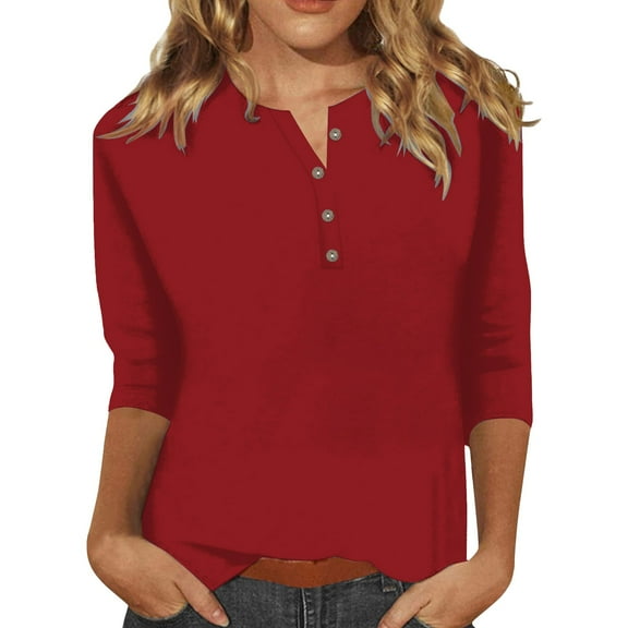 WTXUE T-Shirts 3/4 Sleeve, Crew Neck Shirts for Women's Button up T Shirt Top Solid Casual Tops for Women Red S