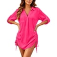 thumbnail image 2 of Conairie Women Swim Suit Coverup Drawstring Shirtdress Beach Pullover Bikini Swimsuit Coverup Vacation Sun Protection Loose Solid Color Watermelon Red S, 2 of 3