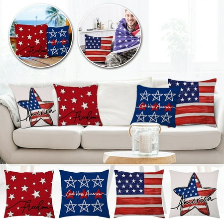 4th of July Pillow Covers 18×18 Inch Memorial Day Independence Day Red Stripe Blue Star Decor Throw Pillows American Flag USA Patriotic Outdoor Cushion Cases for Couch Bed Decorations