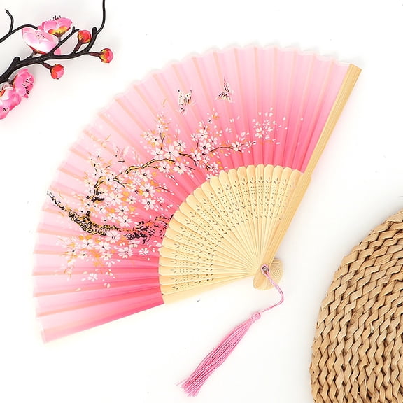 Antique Folding Fan, Chinese Dance Fan With Cherry Blossom Bamboo, Pink Yellow Floral Design Tassel Handheld Fan, Traditional Asian Style For Home Decor Gift Festivals Daily Use