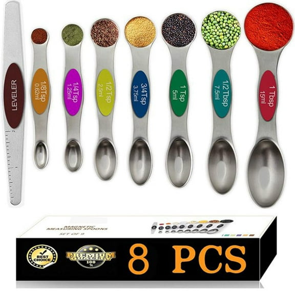 Magnetic Measuring Spoons Set, Dual Sided, Stainless Steel, Fits in Spice Jars (8 Pieces-Multicolor)