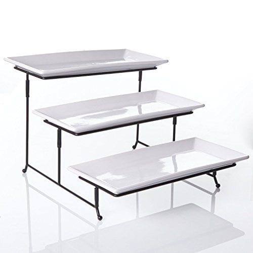 3 Tier Rectangular Serving Platter with Metal Rack, White (92606.04